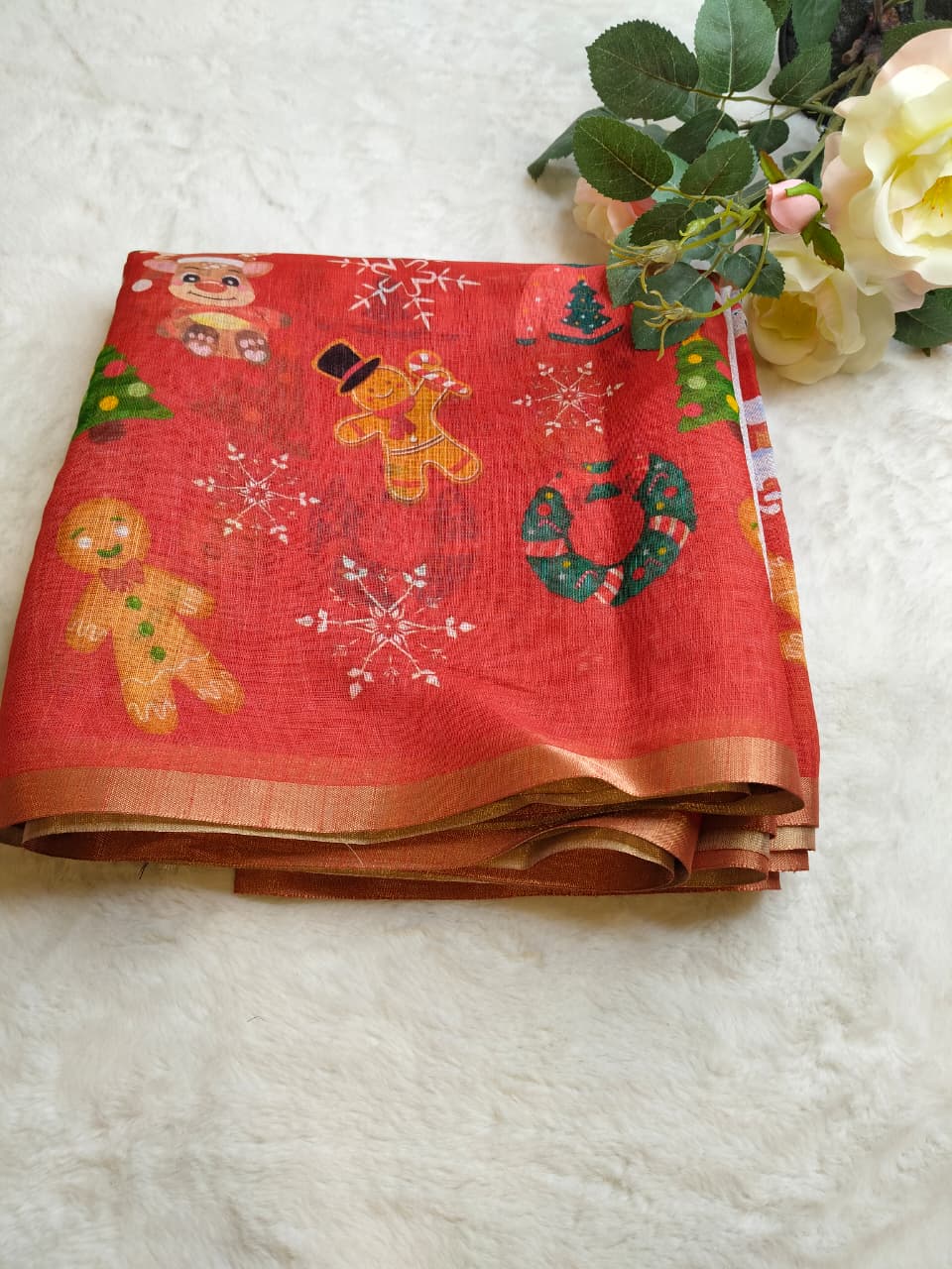 Christmas Special Red Color Linen Sarees (Code - LN-02)