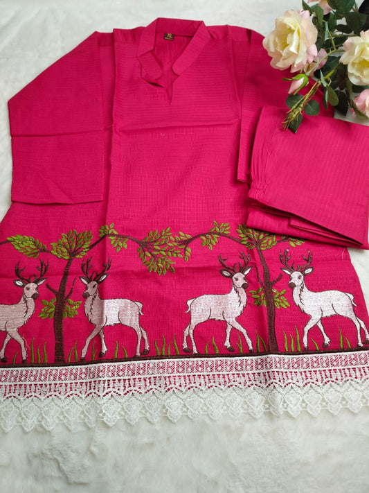 Rani Pink Deer Forest Embroidery Co-ord Set (Code - RS-02)