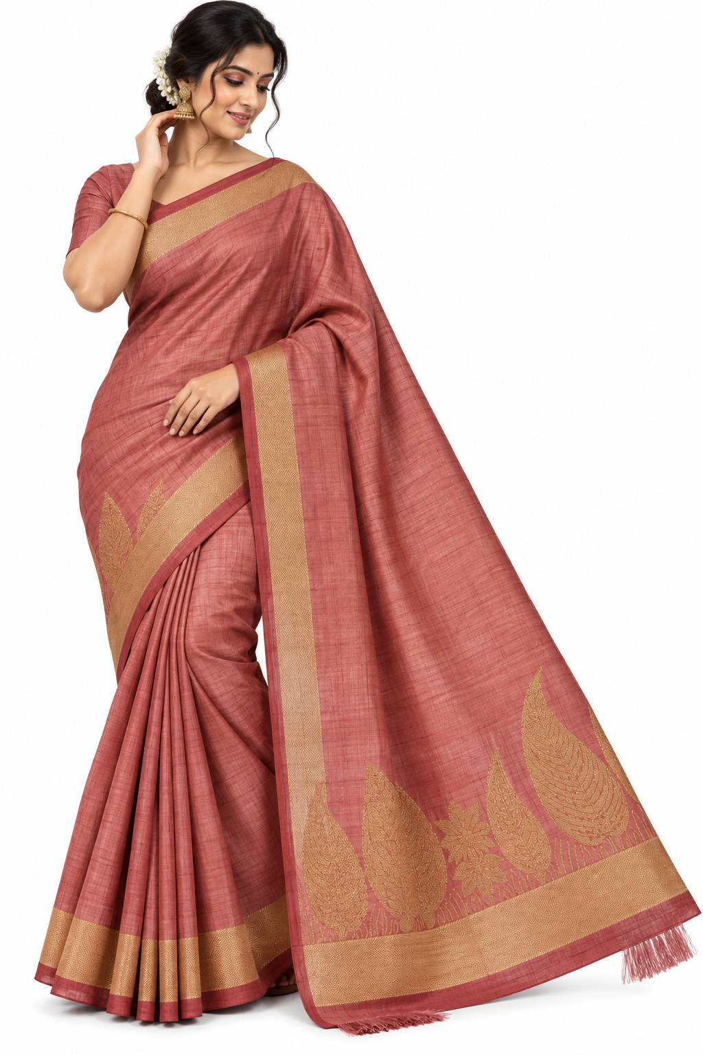 Elegant Rose Pink Semi Silk Saree with Antique Gold Leaf Motif & Woven Border