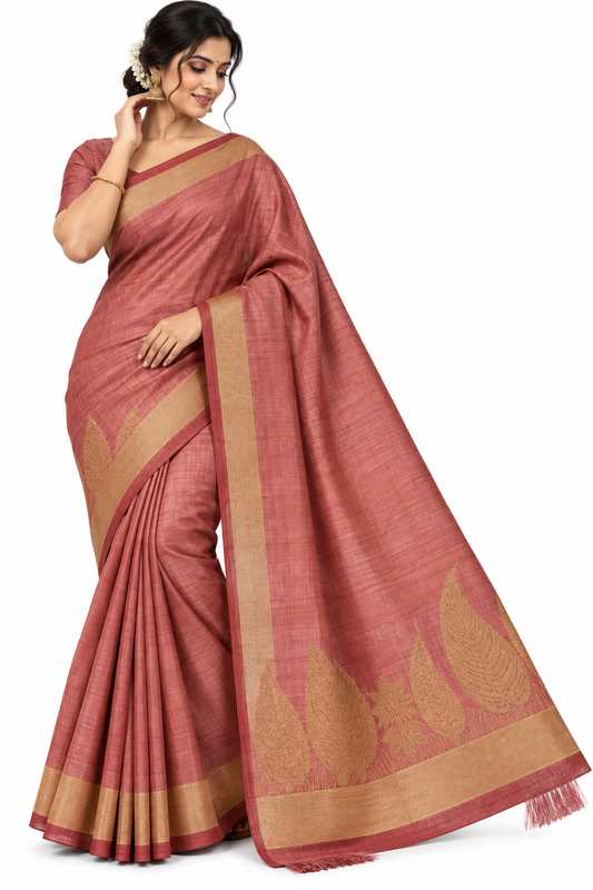 Elegant Rose Pink Semi Silk Saree with Antique Gold Leaf Motif & Woven Border