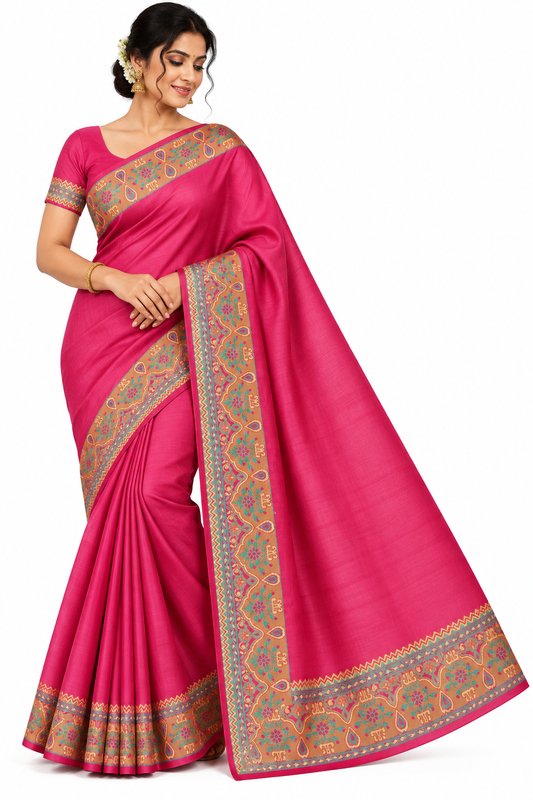 Elegant Grey & Magenta Semi Silk Saree with Paisley Floral Motifs & Woven Border