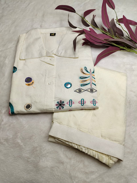 Elegant Off White Cotton Kurti with Mirror and Thread work Cord Set(Code - RS-43 )
