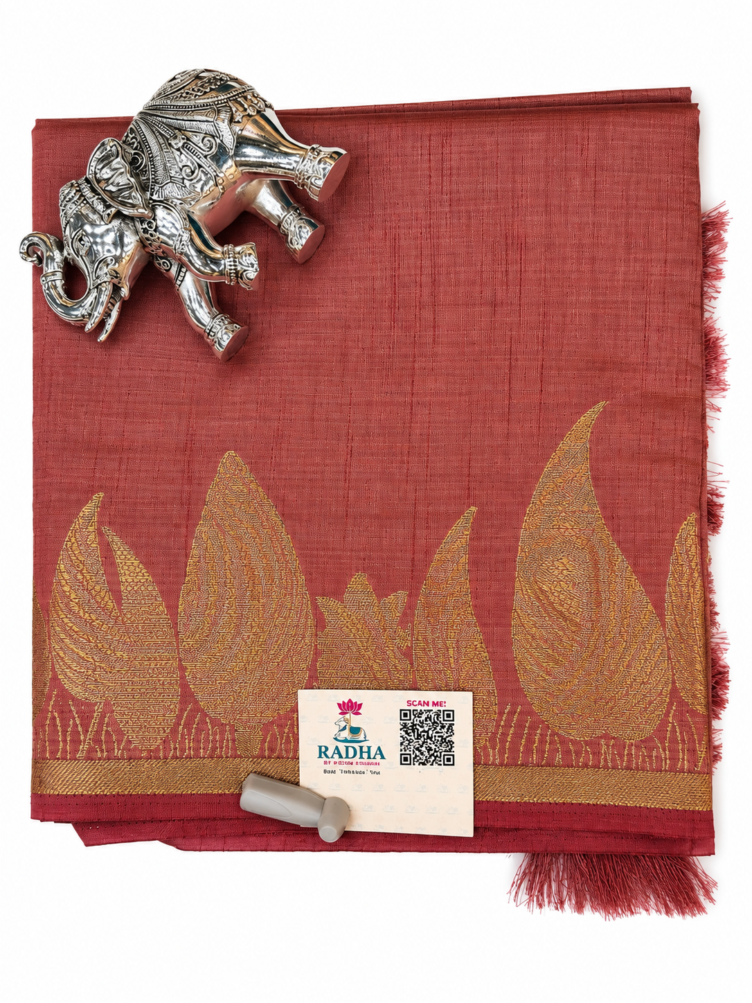 Elegant Rose Pink Semi Silk Saree with Antique Gold Leaf Motif & Woven Border