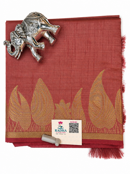 Elegant Rose Pink Semi Silk Saree with Antique Gold Leaf Motif & Woven Border