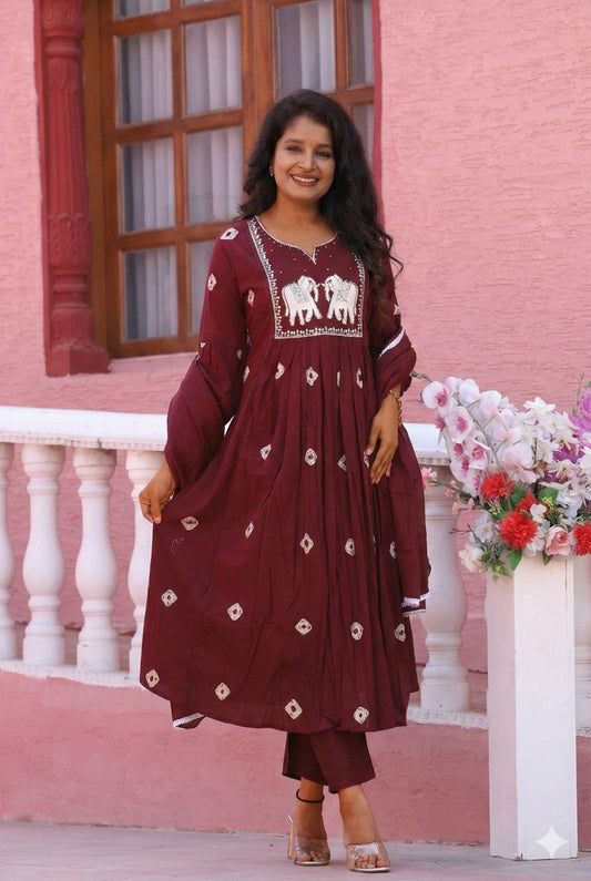 Elegant Jaipuri Style Burgandy Embroidery Cotton Kurta Set with Dupatta (Code - RS-11)