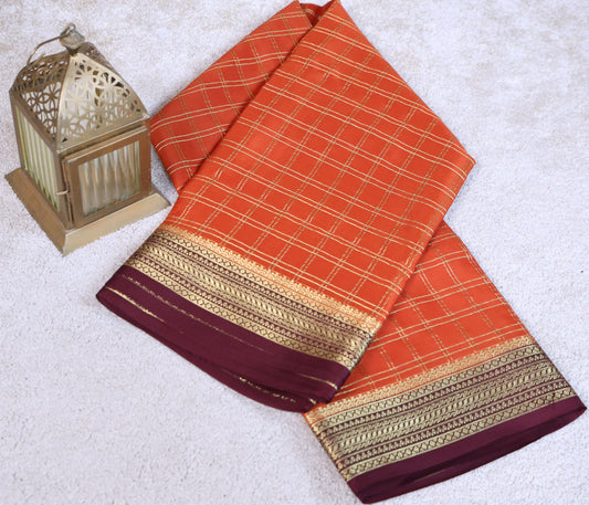 120 GSM Pure Mysore Crepe – Rust Orange Checks with Maroon Border(Code PMC-08)