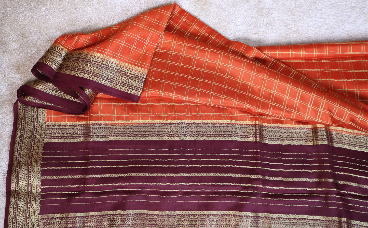 120 GSM Pure Mysore Crepe – Rust Orange Checks with Maroon Border(Code PMC-08)