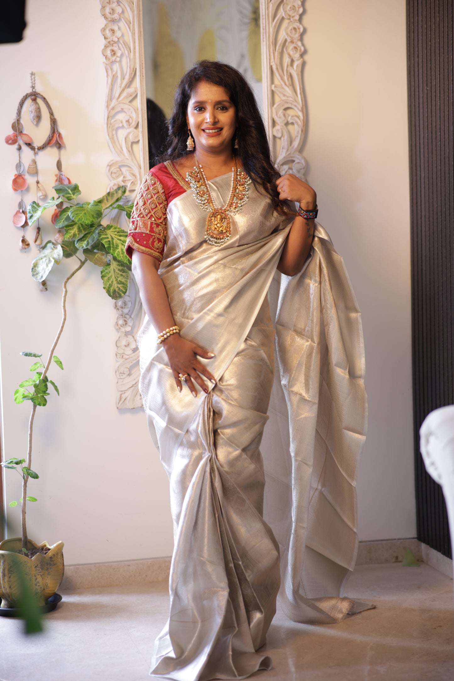 Silver Colored & Silver Toned Zari Semi Silk Saree (JTS-02)