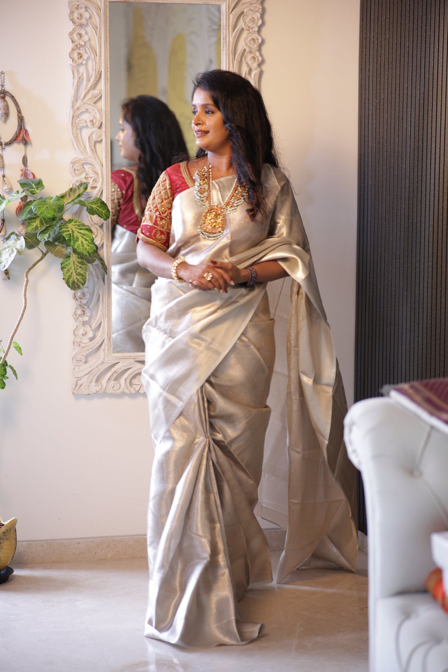 Silver Colored & Silver Toned Zari Semi Silk Saree (JTS-02)