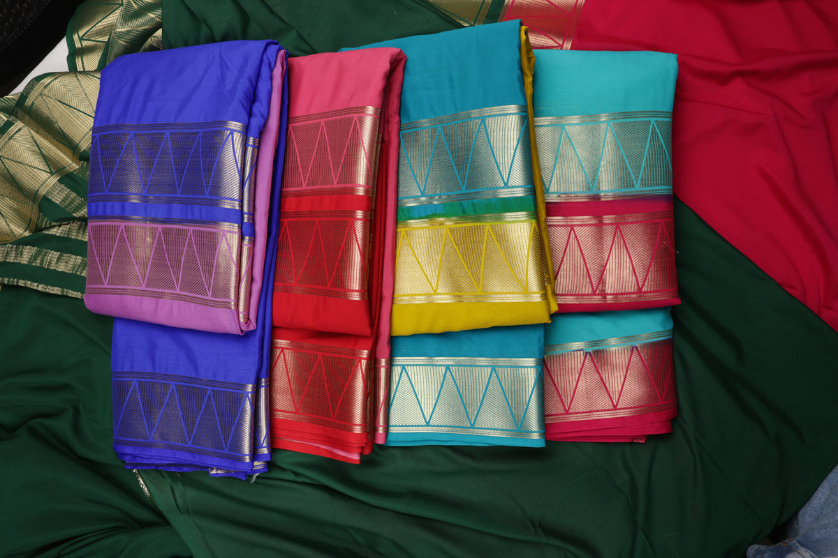 Premium Semi Crepe Dual Tone Zari Work Saree | Interlocking Triangle Pattern | Wedding, Festive & Party Wear Semi Saree for Women