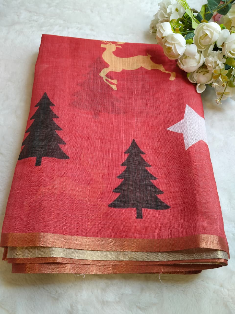 Christmas Special Red Color Linen Sarees (Code - LN-02)