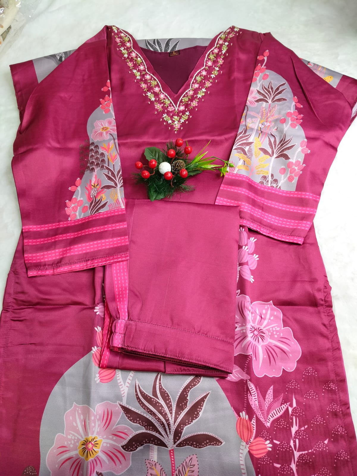 Plum Garden Print Embroidered Kurta Set (Code - RS-36)