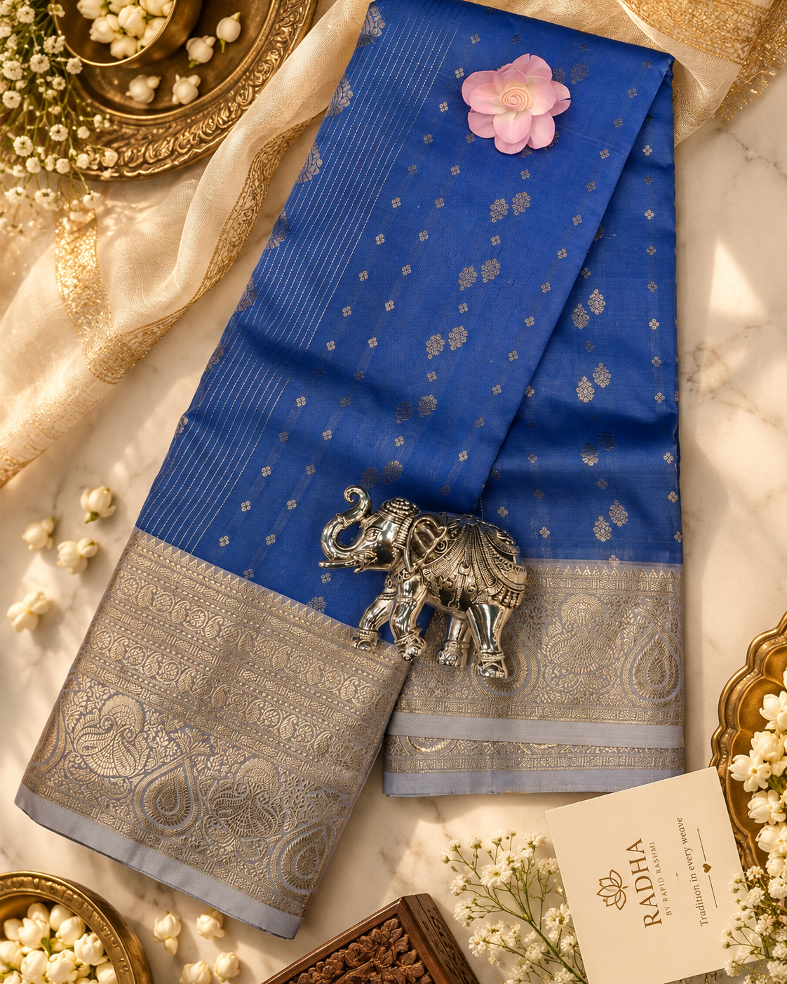 Elegant Royal Blue Saree with Silver Zari Paisley Pallu & Floral Butti Motifs