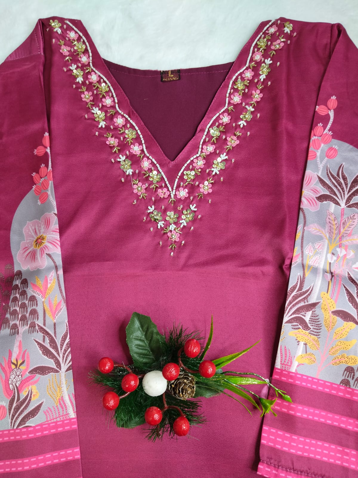 Plum Garden Print Embroidered Kurta Set (Code - RS-36)