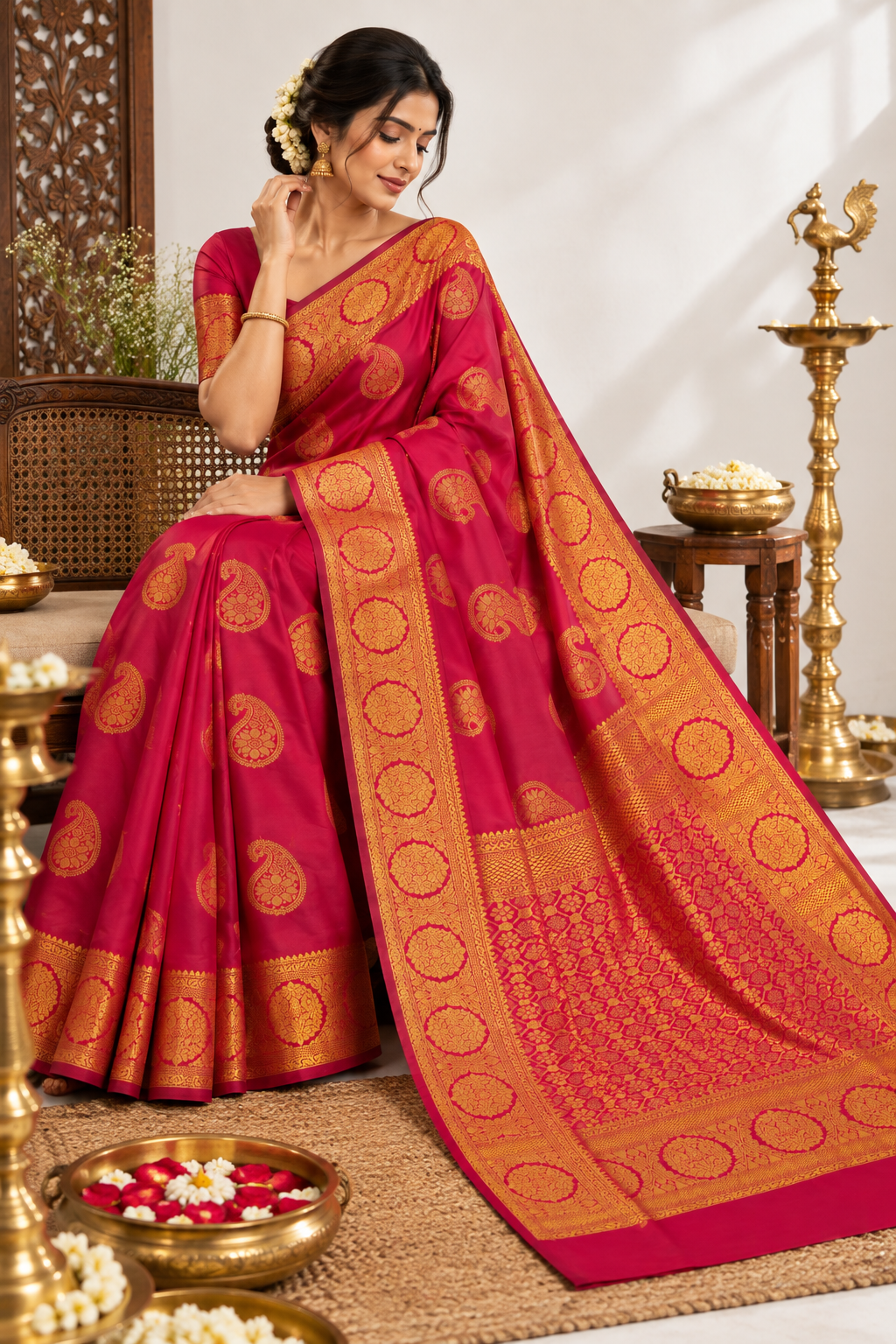 Elegant Magenta Kanchi Half Pattu Saree with Gold Paisley Motifs & Rich Zari Border