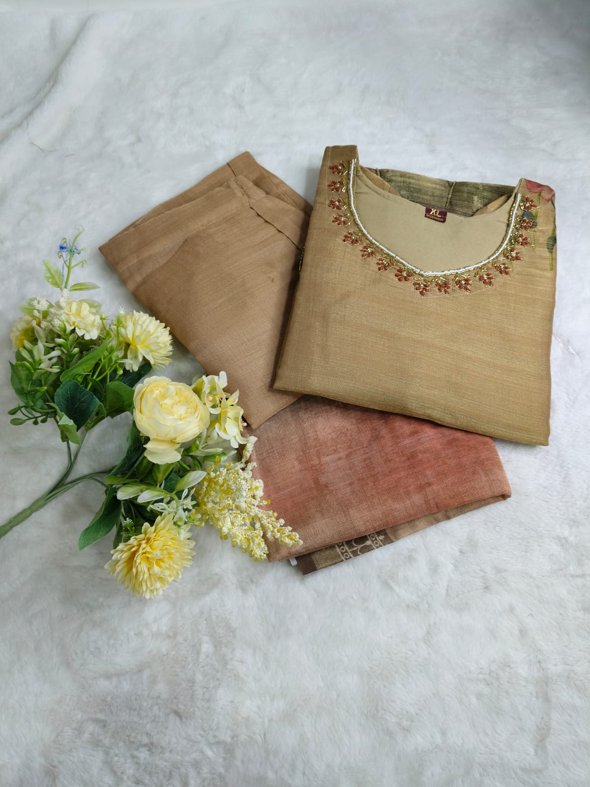 Warm Beige with Peach-Rose Floral Print SilkTouch Kurta Set(Code -RS-23)