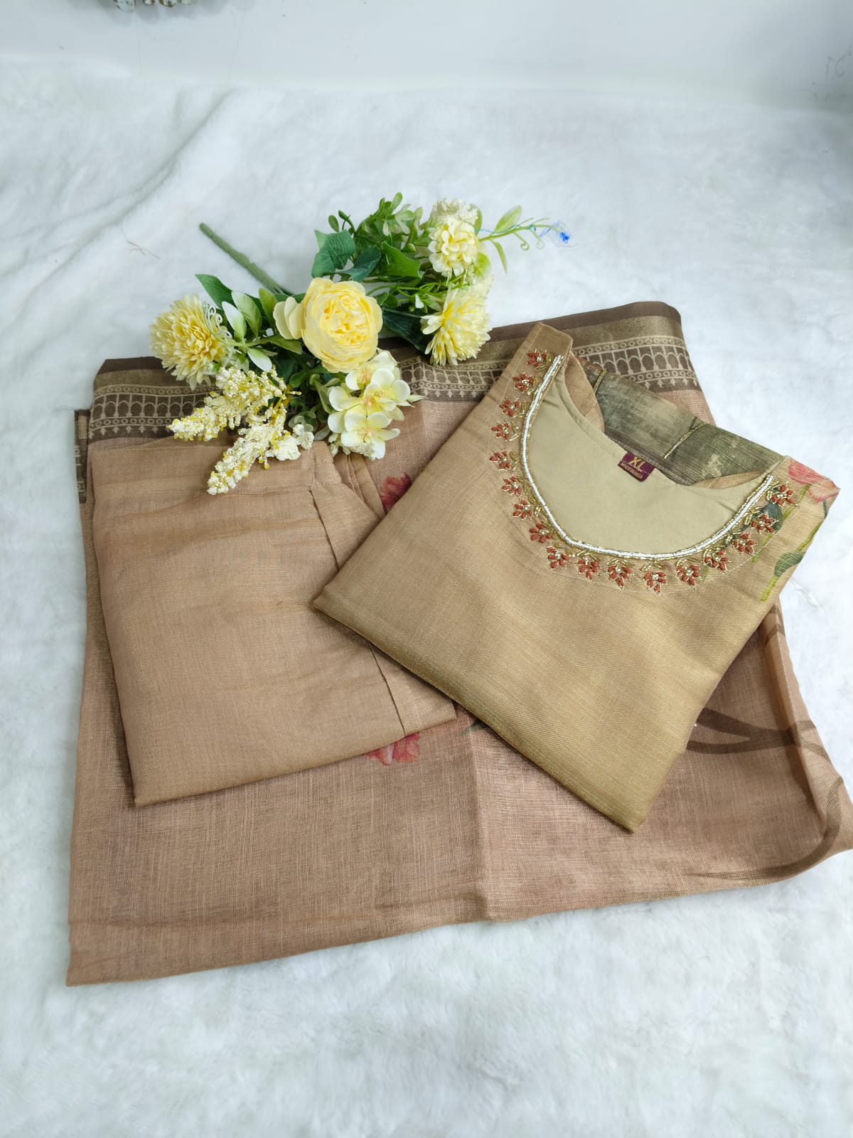 Warm Beige with Peach-Rose Floral Print SilkTouch Kurta Set(Code -RS-23)