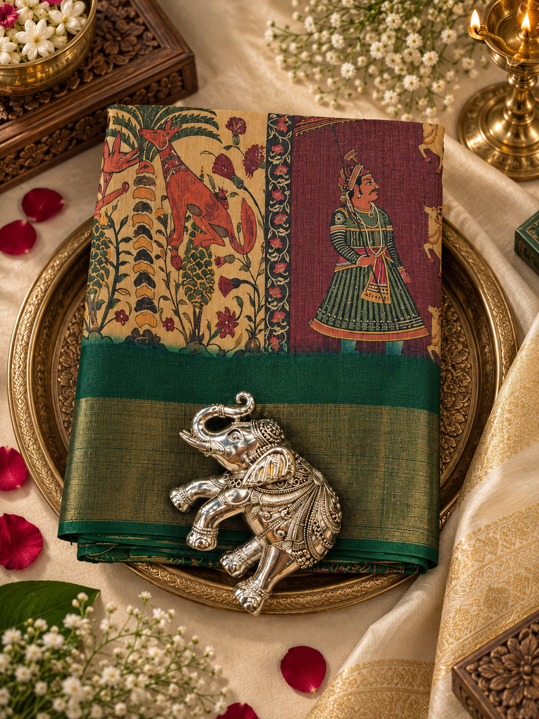Elegant Maroon & Green Traditional Saree with Kalamkari-Inspired Figurative Motifs & Gold-Toned Border