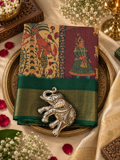Elegant Maroon & Green Traditional Saree with Kalamkari-Inspired Figurative Motifs & Gold-Toned Border