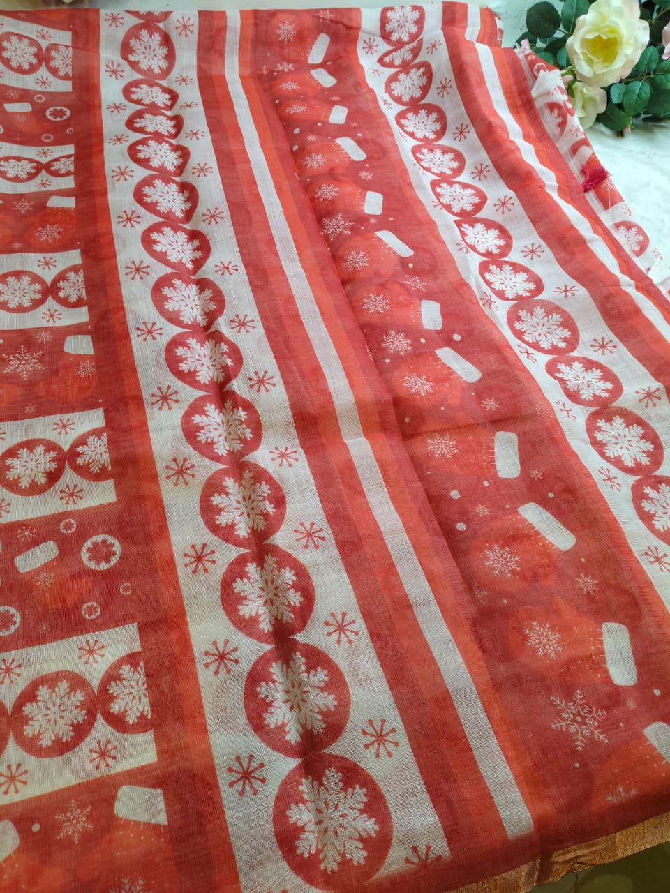 Christmas Special Red Color Linen Sarees (Code - LN-02)