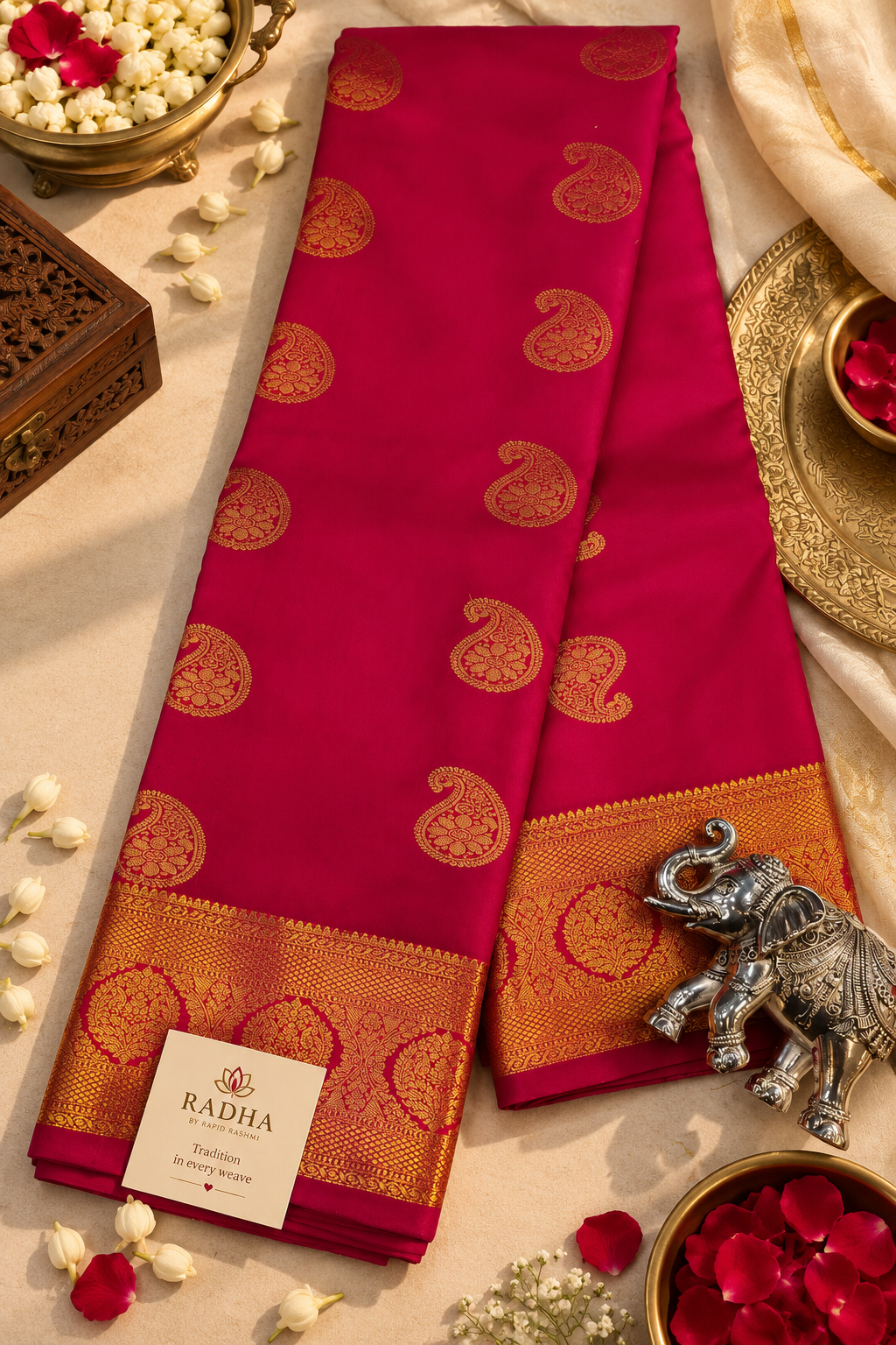Elegant Magenta Kanchi Half Pattu Saree with Gold Paisley Motifs & Rich Zari Border
