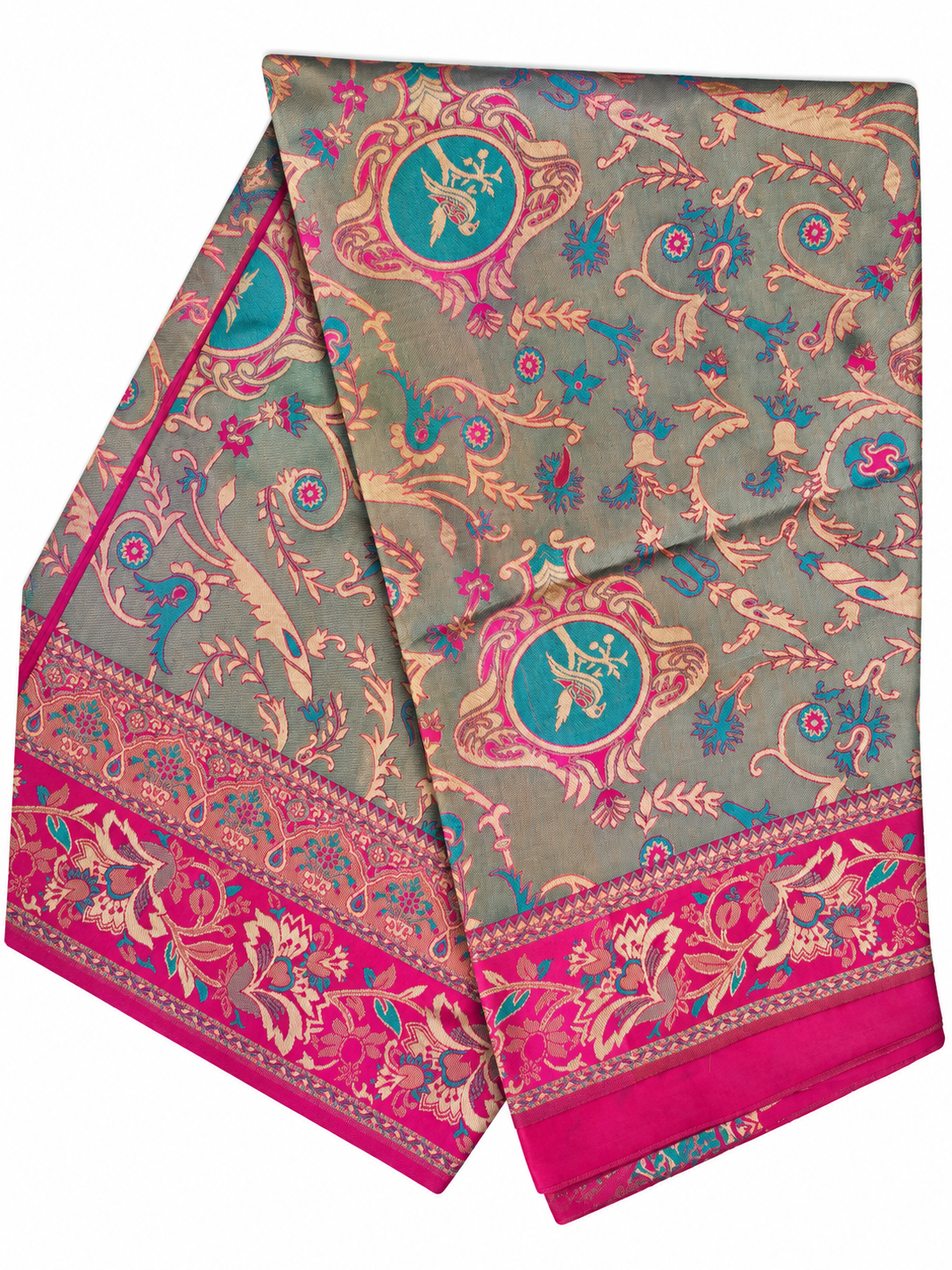 Elegant Grey & Magenta Semi Silk Saree with Paisley Floral Motifs & Woven Border