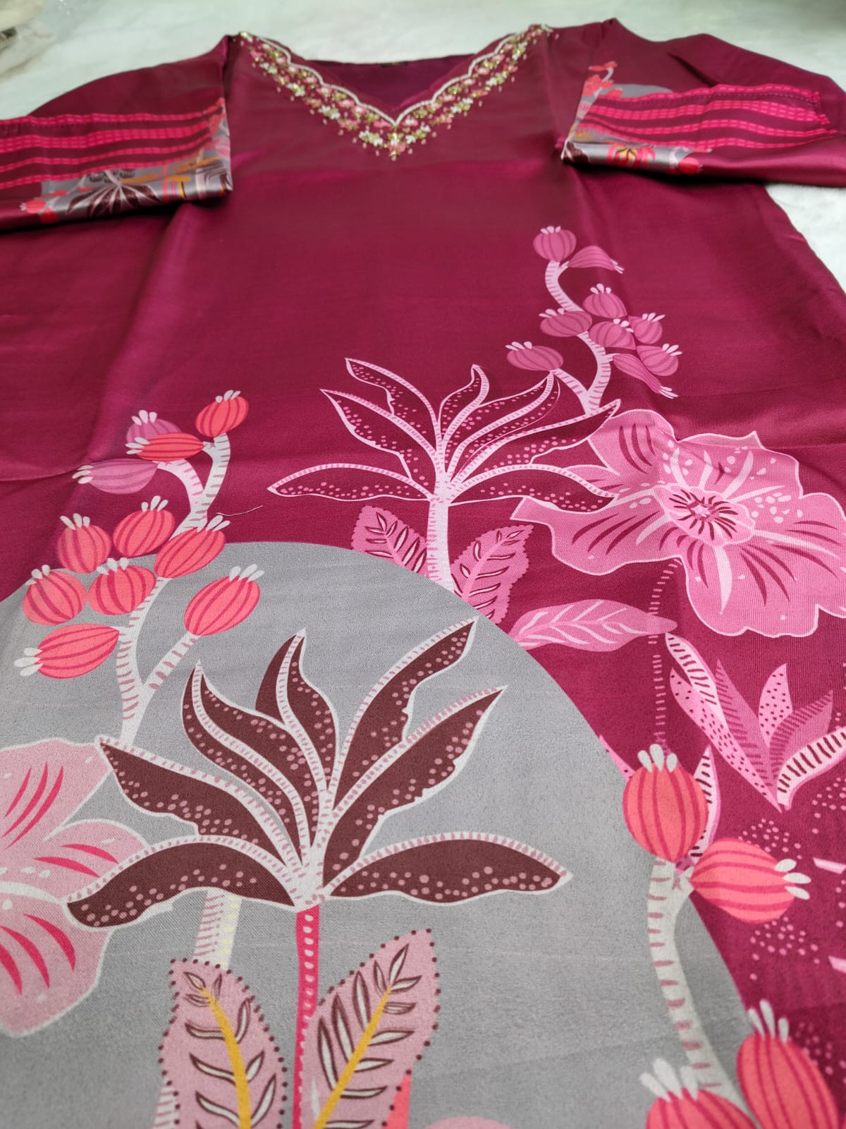 Plum Garden Print Embroidered Kurta Set (Code - RS-36)