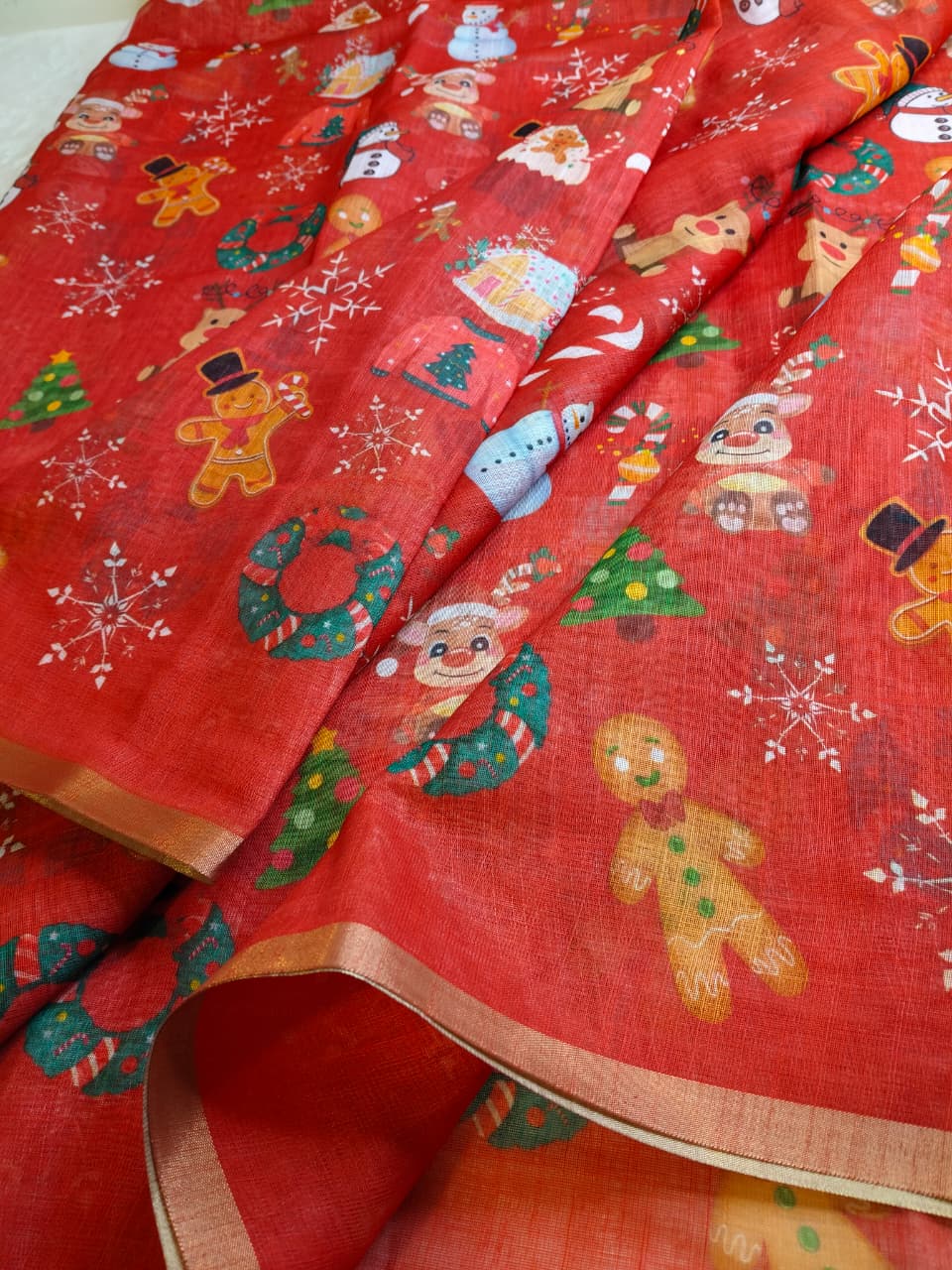 Christmas Special Red Color Linen Sarees (Code - LN-02)