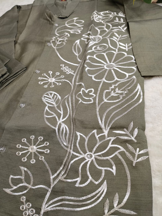 Olive Grey with White Thread Embroidery Co-ord Set(Code - RS-03)