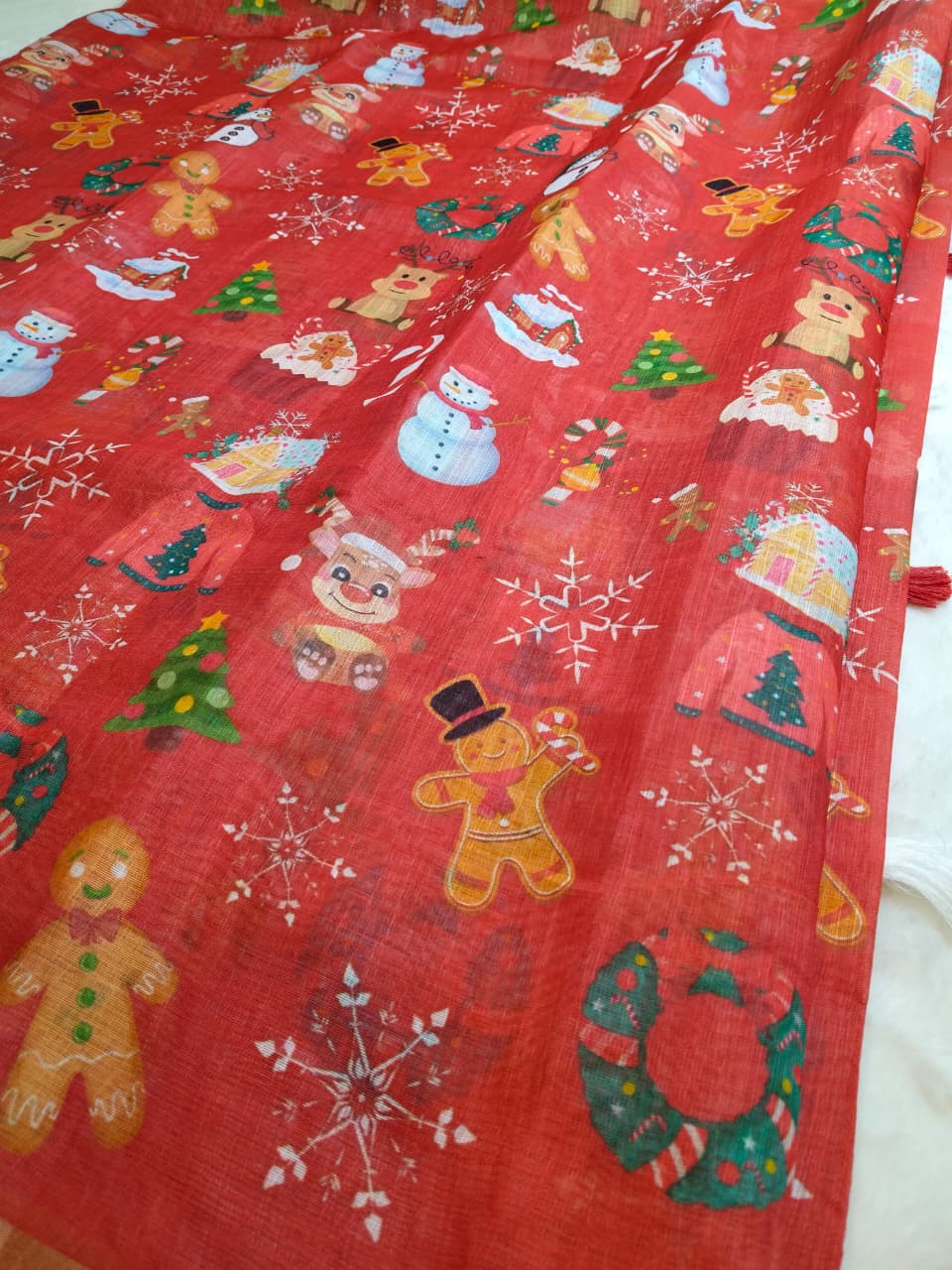 Christmas Special Red Color Linen Sarees (Code - LN-02)