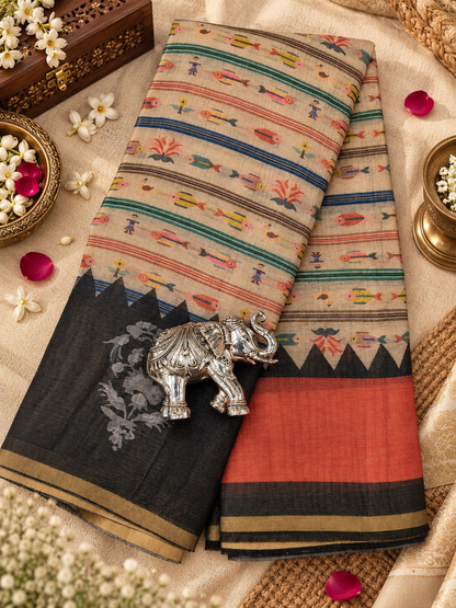 Elegant Beige Saree with Multicolour Fish Motifs, Floral Details & Black Red Woven Border
