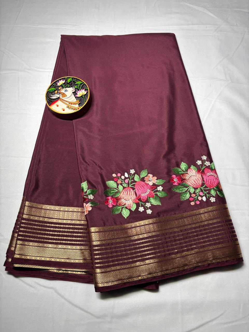 Premium Semi Crepe Saree with Petite Floral Embroidery & Traditional Zari Border | Designer Wedding, Festive & Party Wear Saree for Women
