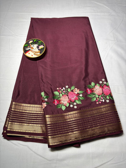 Premium Semi Crepe Saree with Petite Floral Embroidery & Traditional Zari Border | Designer Wedding, Festive & Party Wear Saree for Women
