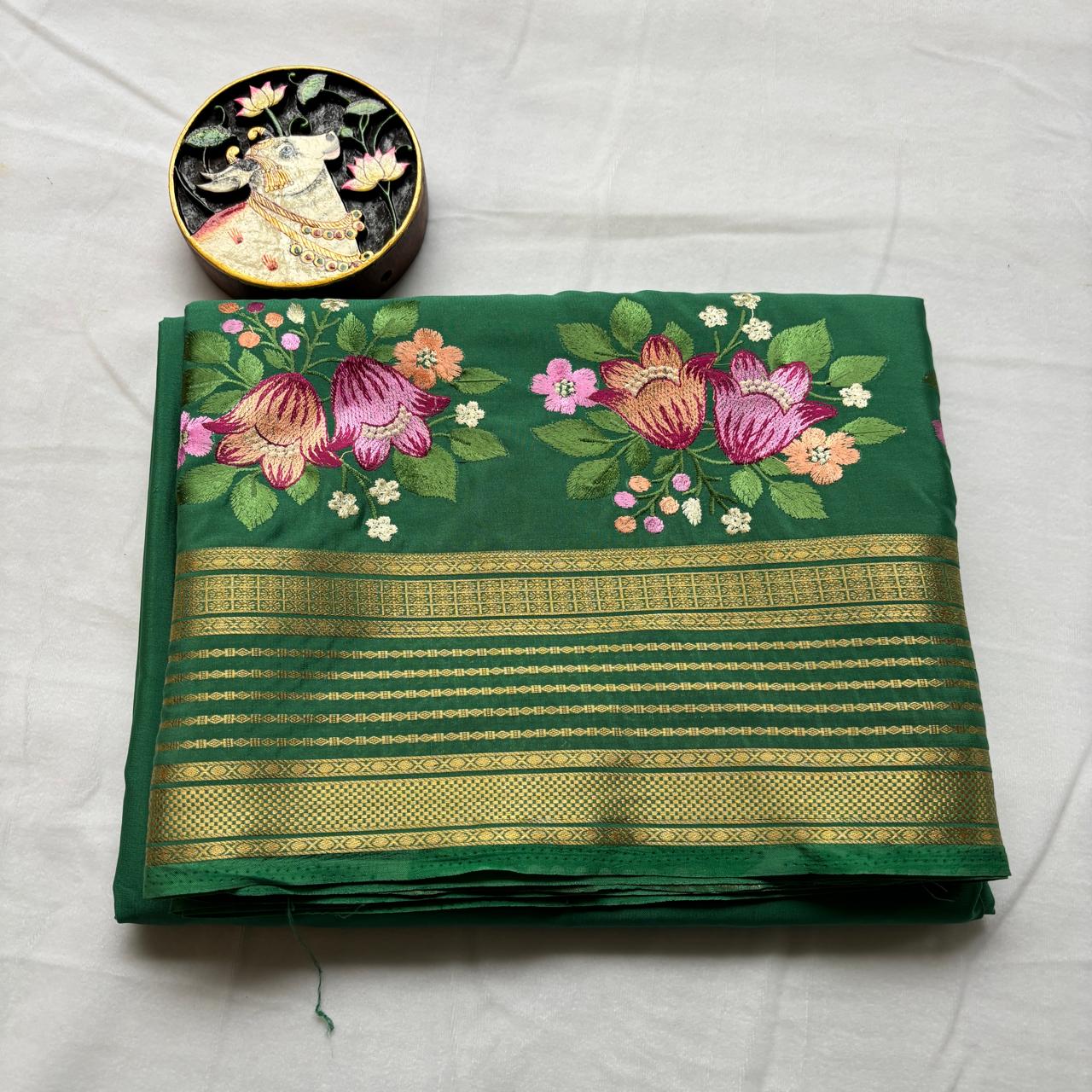 Premium Semi Crepe Saree with Petite Floral Embroidery & Traditional Zari Border | Designer Wedding, Festive & Party Wear Saree for Women