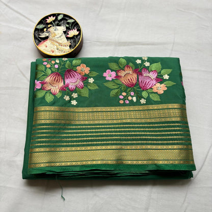 Premium Semi Crepe Saree with Petite Floral Embroidery & Traditional Zari Border | Designer Wedding, Festive & Party Wear Saree for Women