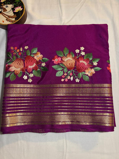 Premium Semi Crepe Saree with Petite Floral Embroidery & Traditional Zari Border | Designer Wedding, Festive & Party Wear Saree for Women