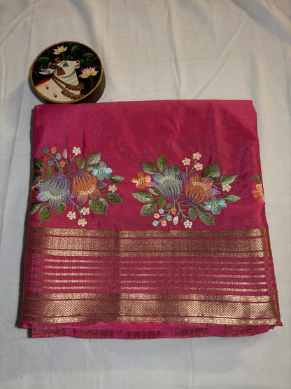 Premium Semi Crepe Saree with Petite Floral Embroidery & Traditional Zari Border | Designer Wedding, Festive & Party Wear Saree for Women