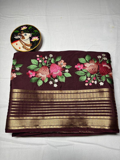Premium Semi Crepe Saree with Petite Floral Embroidery & Traditional Zari Border | Designer Wedding, Festive & Party Wear Saree for Women