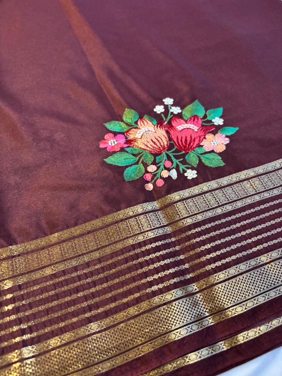 Premium Semi Crepe Saree with Petite Floral Embroidery & Traditional Zari Border | Designer Wedding, Festive & Party Wear Saree for Women