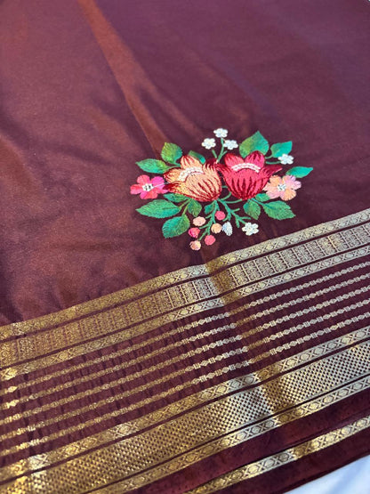 Premium Semi Crepe Saree with Petite Floral Embroidery & Traditional Zari Border | Designer Wedding, Festive & Party Wear Saree for Women