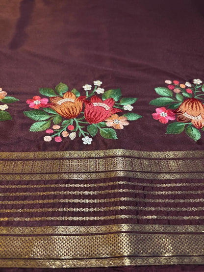 Premium Semi Crepe Saree with Petite Floral Embroidery & Traditional Zari Border | Designer Wedding, Festive & Party Wear Saree for Women