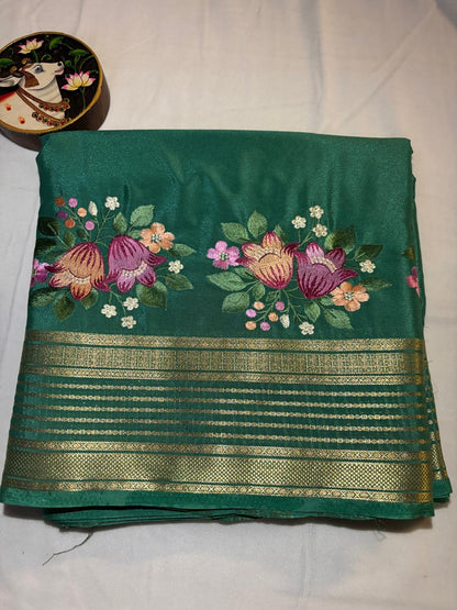 Premium Semi Crepe Saree with Petite Floral Embroidery & Traditional Zari Border | Designer Wedding, Festive & Party Wear Saree for Women