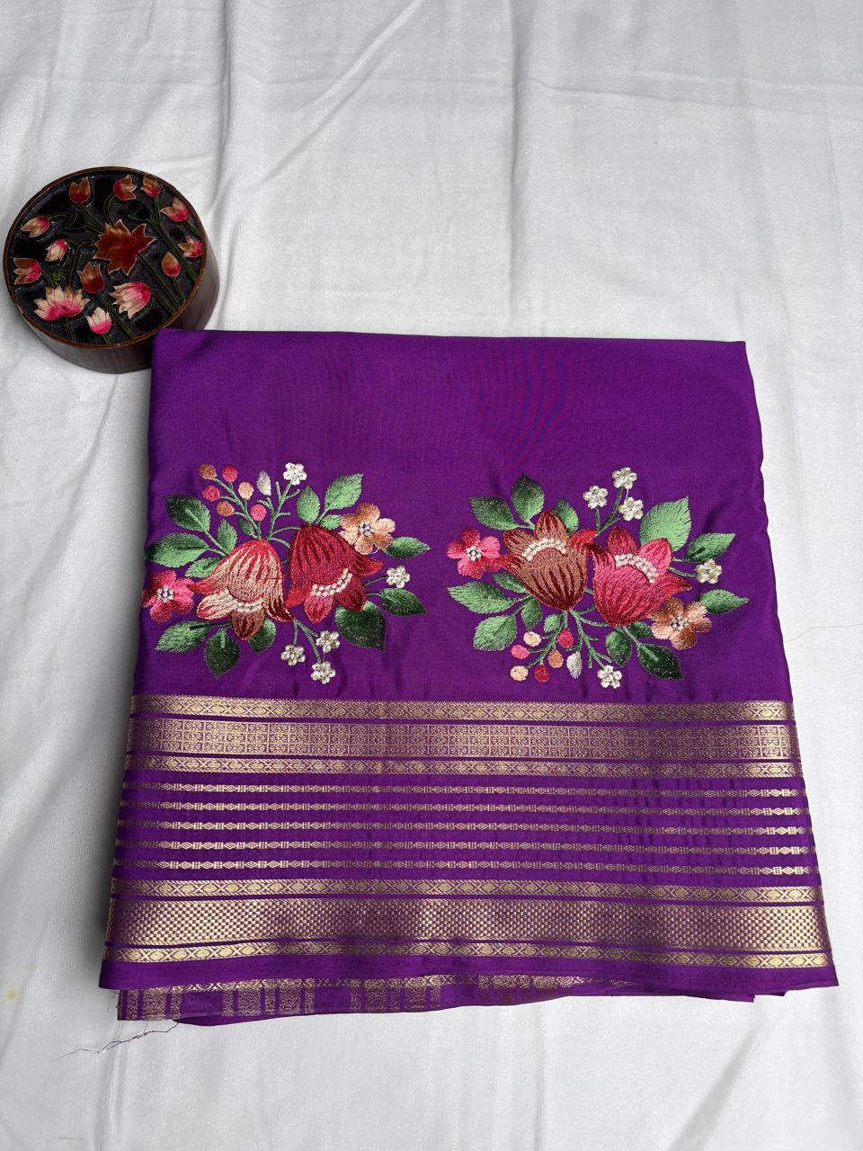 Premium Semi Crepe Saree with Petite Floral Embroidery & Traditional Zari Border | Designer Wedding, Festive & Party Wear Saree for Women