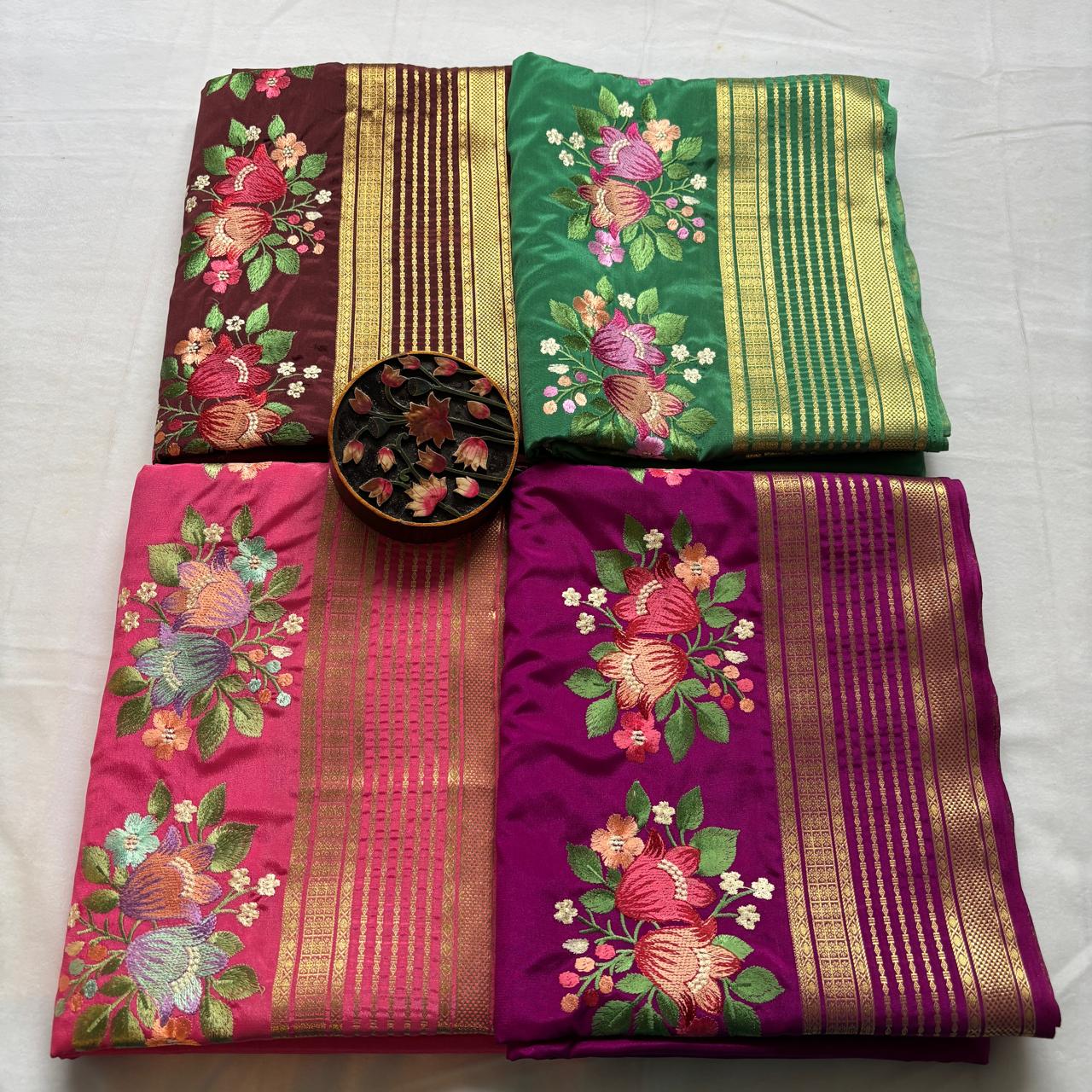 Premium Semi Crepe Saree with Petite Floral Embroidery & Traditional Zari Border | Designer Wedding, Festive & Party Wear Saree for Women