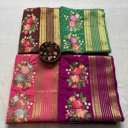 Premium Semi Crepe Saree with Petite Floral Embroidery & Traditional Zari Border | Designer Wedding, Festive & Party Wear Saree for Women