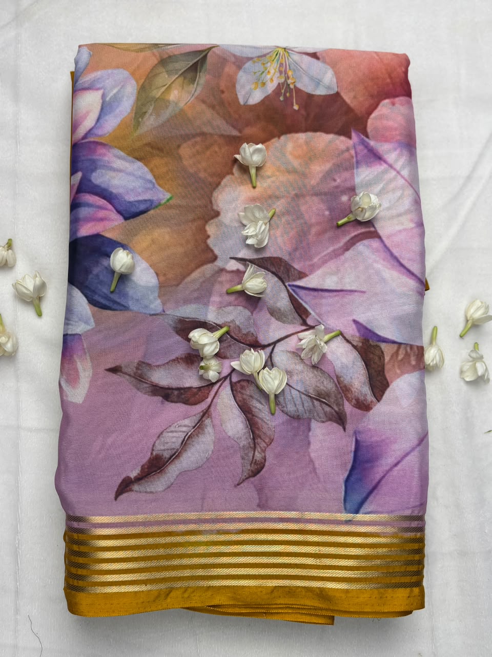 Gold Zari Floral Border Semi Crepe Saree with Digital Print