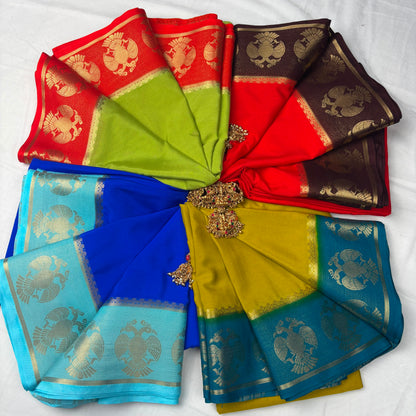 Premium Semi Crepe Saree with Gandaberunda Motif & Elegant Bentex Border | Designer Wedding, Festive & Traditional Saree for Women