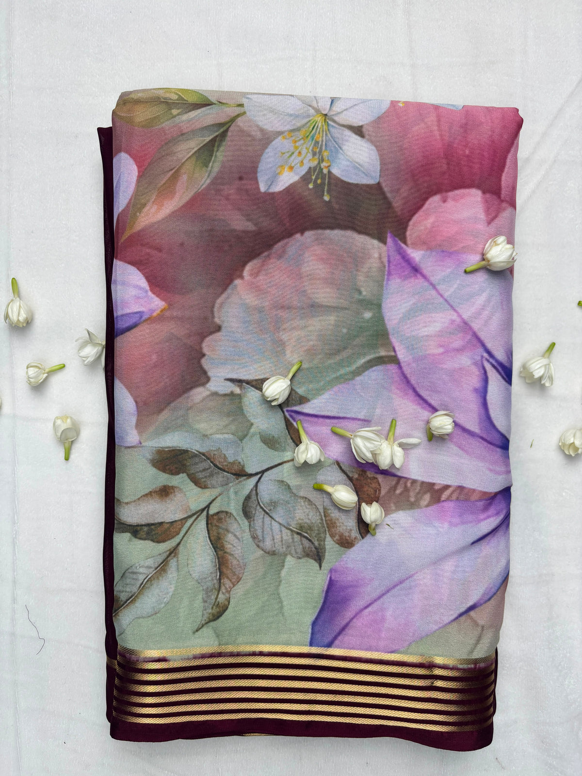 Gold Zari Floral Border Semi Crepe Saree with Digital Print