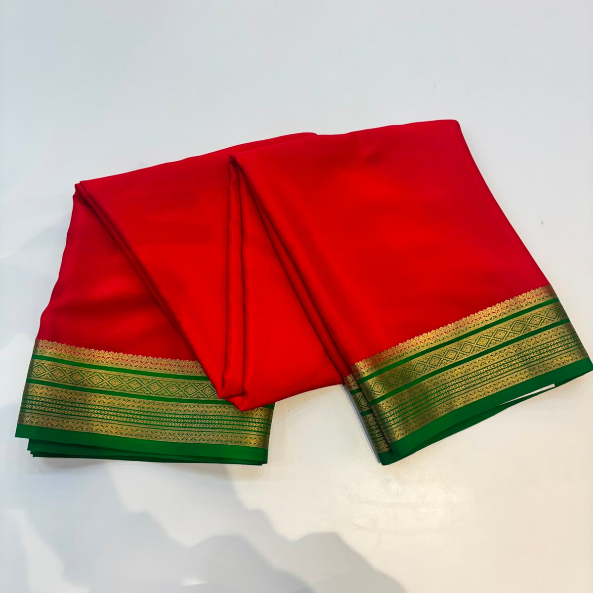 Pure Mysore Crepe Silk Saree in Red & Green with Striking Contrast