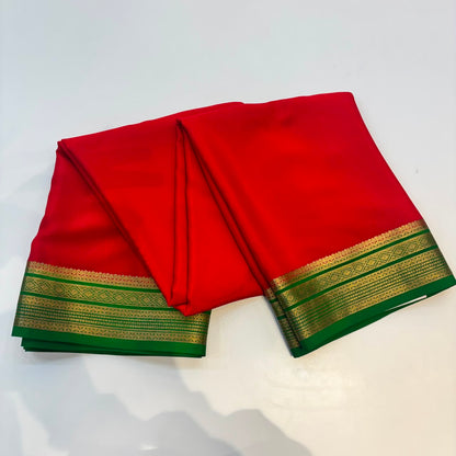 Pure Mysore Crepe Silk Saree in Red & Green with Striking Contrast